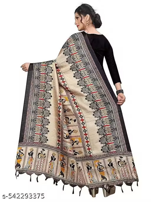 Cream Beige Madhubani Print Dupatta for Women | Mithila Folk Art Handcrafted Dupatta