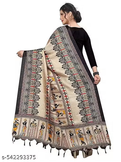 Cream Beige Madhubani Print Dupatta for Women | Mithila Folk Art Handcrafted Dupatta
