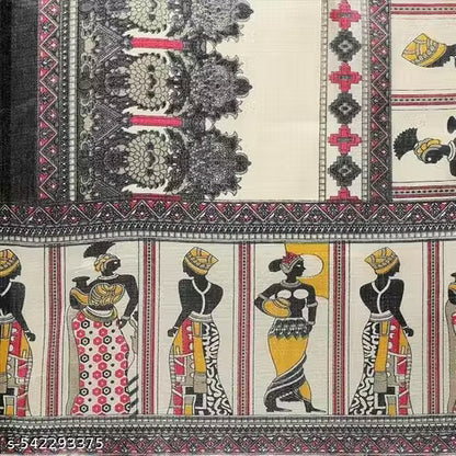 Cream Beige Madhubani Print Dupatta for Women | Mithila Folk Art Handcrafted Dupatta