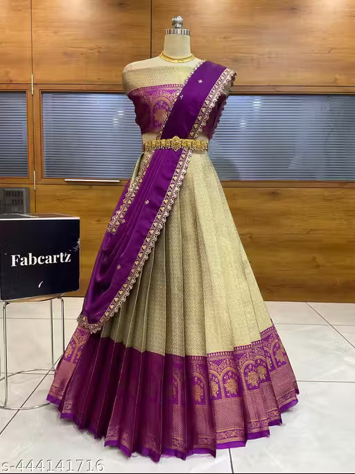 Beautiful Embroidery work Unstitched Half Saree with Woven Design & Rangoli Embroidery Dupatta For Women