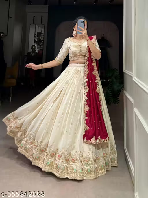 Cream Color Embroidery Work With Silk Lehenga Choli