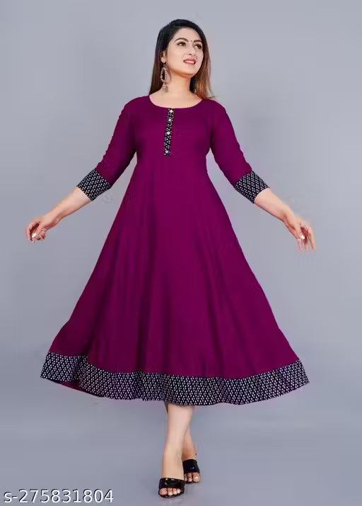 Beyond Fashion Women's Solid Printed Round Pleated Flared Kurti (Purple)