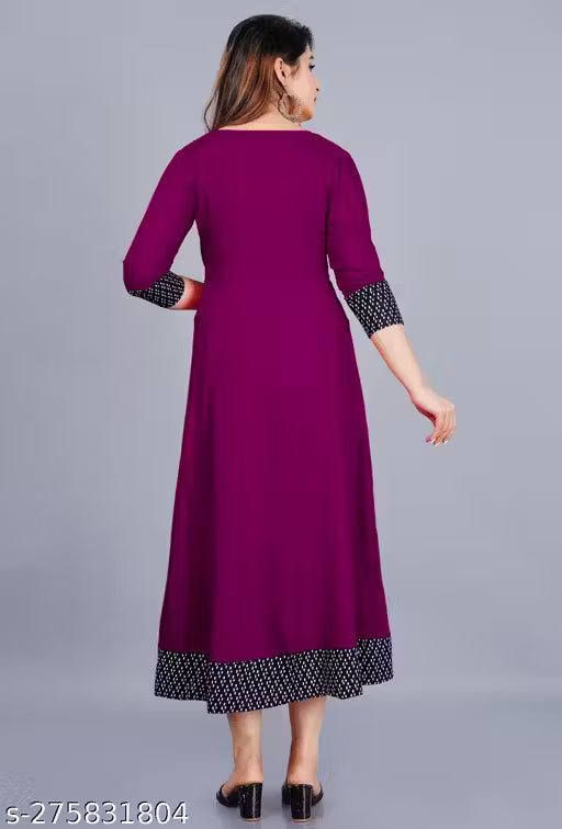 Beyond Fashion Women's Solid Printed Round Pleated Flared Kurti (Purple)