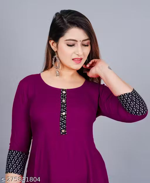 Beyond Fashion Women's Solid Printed Round Pleated Flared Kurti (Purple)