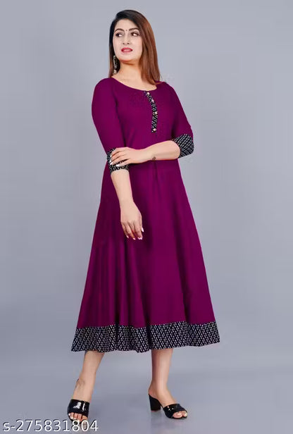 Beyond Fashion Women's Solid Printed Round Pleated Flared Kurti (Purple)