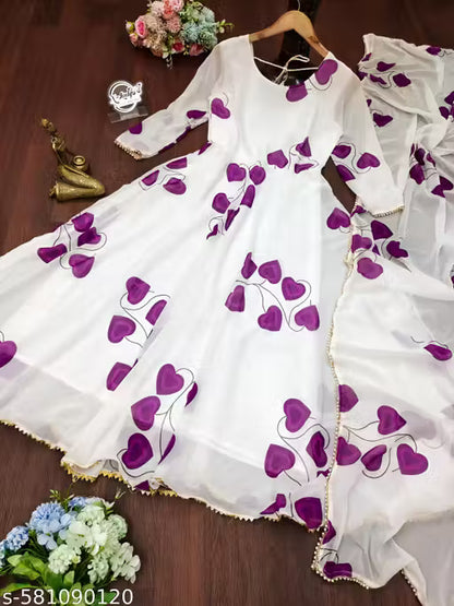 Elegant white dress with purpal heart for womens