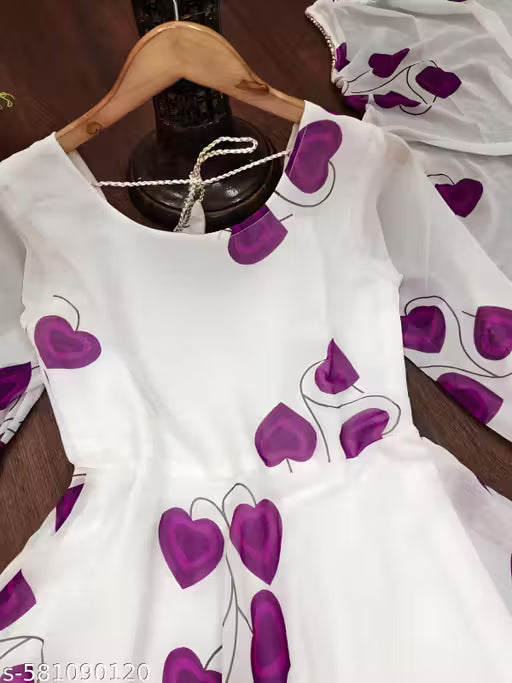Elegant white dress with purpal heart for womens