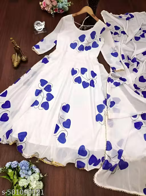 Elegant white dress with blue heart for womens
