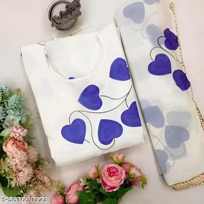Elegant white dress with blue heart for womens