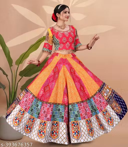 Latest 2025 Multicolor Full Flair Semi-Stitched Digital Print Mirror Work Navratri Garba lehenga choli For Women and Girls