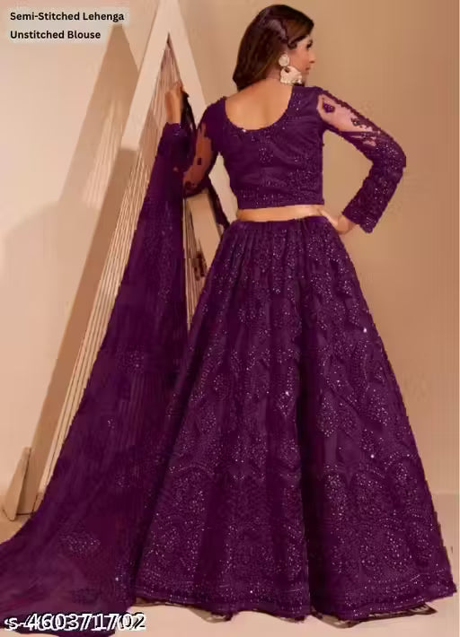 Embroidered Thread Work Semi-Stitched Lehenga with Unstitched Blouse and inner fabric with Stitched Dupatta