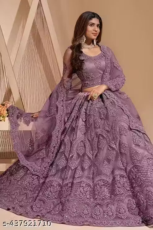 Net Embroidered Semi-Stitched Lehenga with Unstitched Blouse