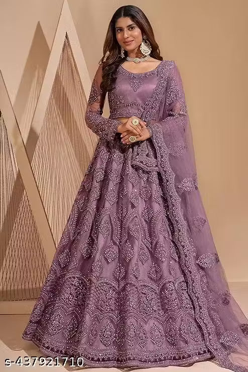 Net Embroidered Semi-Stitched Lehenga with Unstitched Blouse
