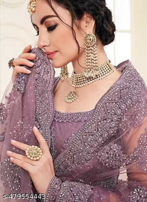 Net Embroidered Semi-Stitched Lehenga with Unstitched Blouse