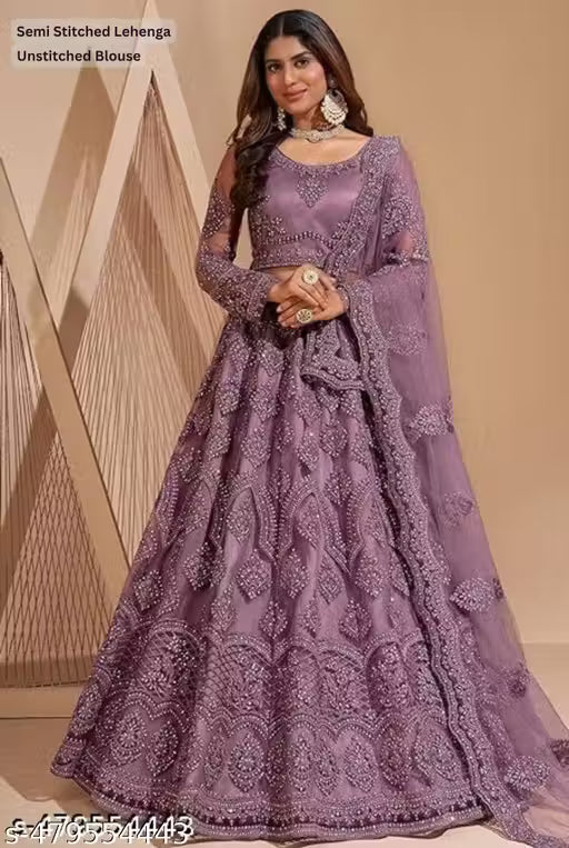 Net Embroidered Semi-Stitched Lehenga with Unstitched Blouse