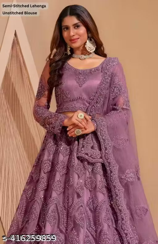 Embroidered Thread Work Semi-Stitched Lehenga with Unstitched Blouse and inner fabric with Stitched Dupatta