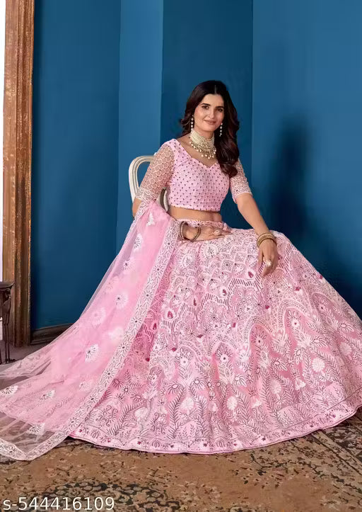 Embroidered Thread Work Semi-Stitched Lehenga & Unstitched Blouse With Dupatta