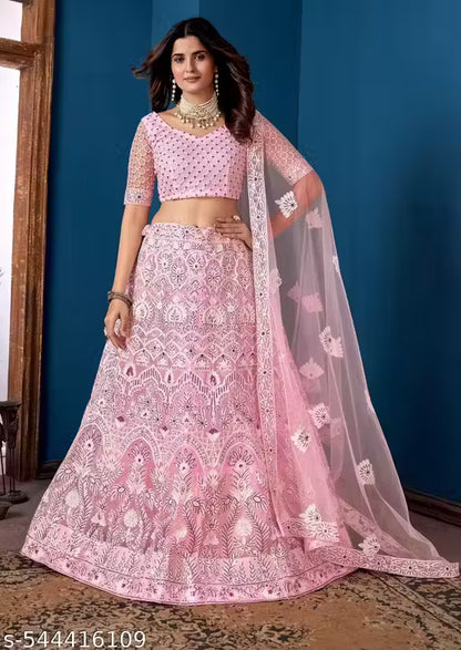 Embroidered Thread Work Semi-Stitched Lehenga & Unstitched Blouse With Dupatta
