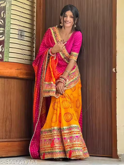 Bandhani Saree With Lace Border And Unstitched Blouse Piece