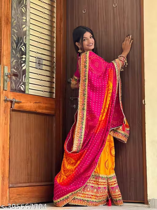 Bandhani Saree With Lace Border And Unstitched Blouse Piece