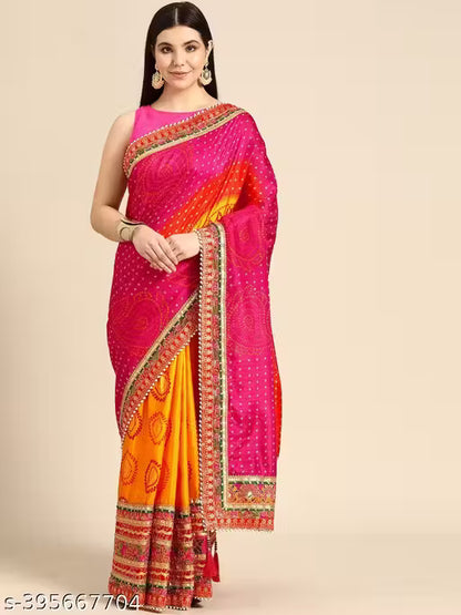Bandhani Saree With Lace Border And Unstitched Blouse Piece