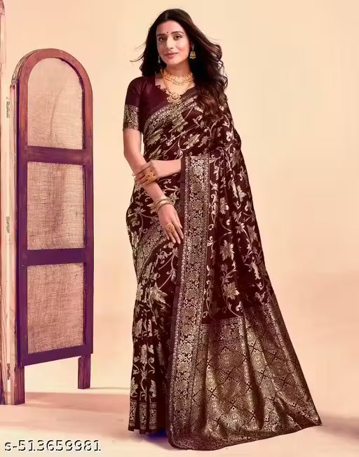 Banarasi Silk Saree with Intricate Jacquard Weave & Matching Unstitched Blouse