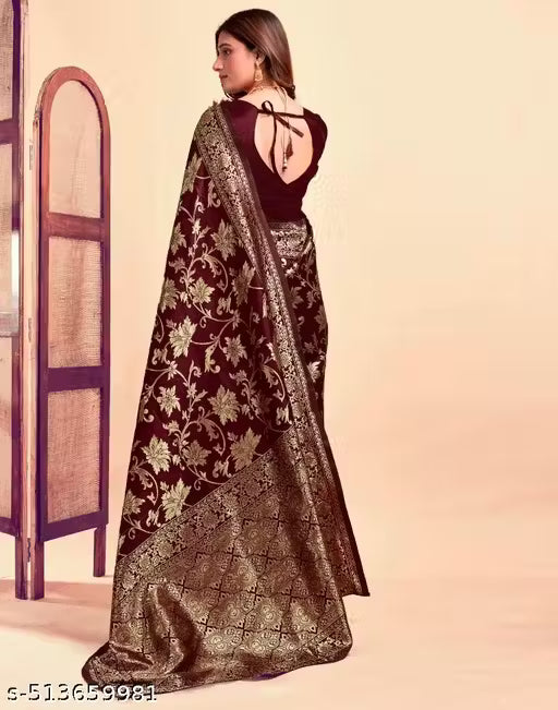 Banarasi Silk Saree with Intricate Jacquard Weave & Matching Unstitched Blouse